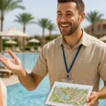 Guía Turístico con mapa señalando atracciones frente a piscina del hotel