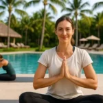 Instructora de Yoga sentada en posición de meditación en entorno tropical