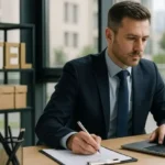 Jefe de Compras trabajando en laptop con cajas organizadoras y cartel de hotel