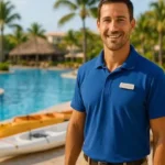 Coordinador de deportes acuáticos con uniforme y gafete cerca de kayaks y zona de piscina