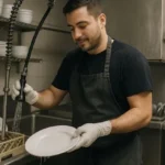 Lavaplatos con delantal gris lavando platos con guantes en área de cocina