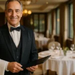 Maître con smoking y carta de vinos en mano en comedor con luz natural