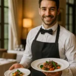 Mesero con camisa blanca y moño presentando platillos en comedor con luz natural