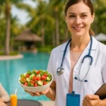 Nutricionista con bata y ensalada junto a piscina en entorno de hotel