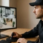 Operador de seguridad manejando sistema de videovigilancia en oficina