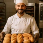 Panadero con uniforme blanco mostrando variedad de panes en panadería del resort