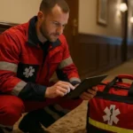 Paramédico en uniforme rojo con tableta digital junto a maletín de emergencias