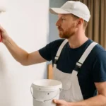 Pintor con brocha y bote blanco aplicando pintura en habitación de hotel