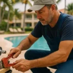 Plomero en overol azul ajustando tubería con llave junto a alberca