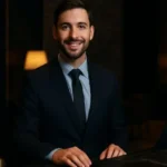 Recepcionista nocturno atendiendo detrás del front desk en un hotel elegante y bien iluminado