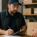 Recepcionista de Mercancía con portapapeles recibiendo caja en zona de bodega