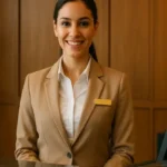 Recepcionista femenina en el front desk de un hotel todo incluido, sonriendo profesionalmente