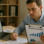 Revenue Manager trabajando con gráficos y laptop en escritorio moderno