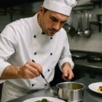 Sous Chef con chaqueta blanca sirviendo salsa sobre platillo gourmet en cocina
