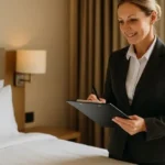 Supervisora de pisos con portapapeles revisando habitación ordenada