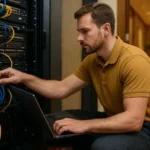 Técnico de Soporte arrodillado frente a rack de servidores con laptop y cables