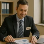 Tesorero analizando gráficos financieros en escritorio con laptop